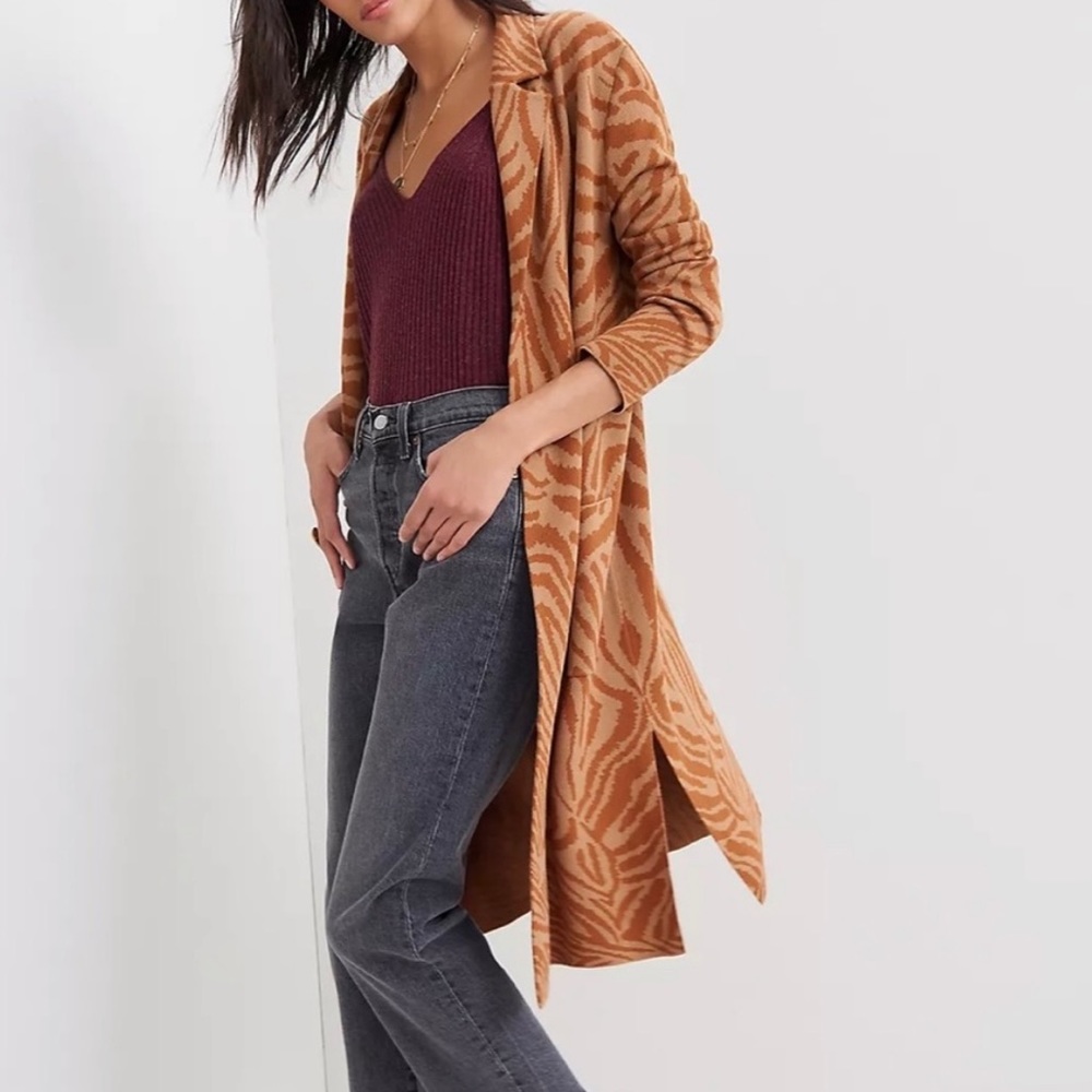 Maeve Anthropologie longline sweater coat brown zebra